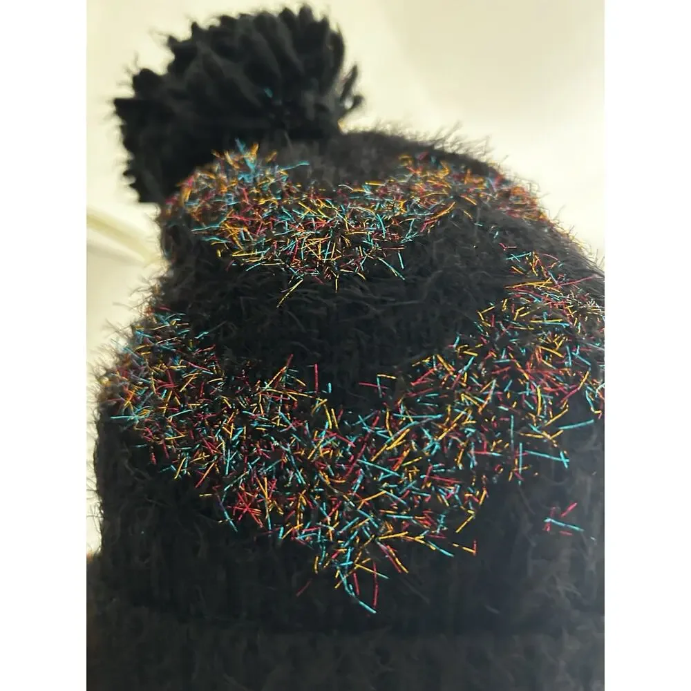 Zara Beanie Toque Womens One Size Black Glitter Zig Zag Knit Arylic Ski Pom